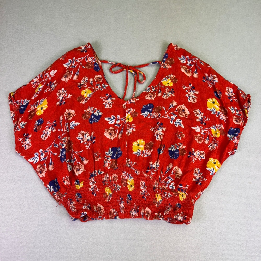 Willow & Root Women's Red Floral Butterfly Sleeve Smocked Crop Top Blouse‎ Small